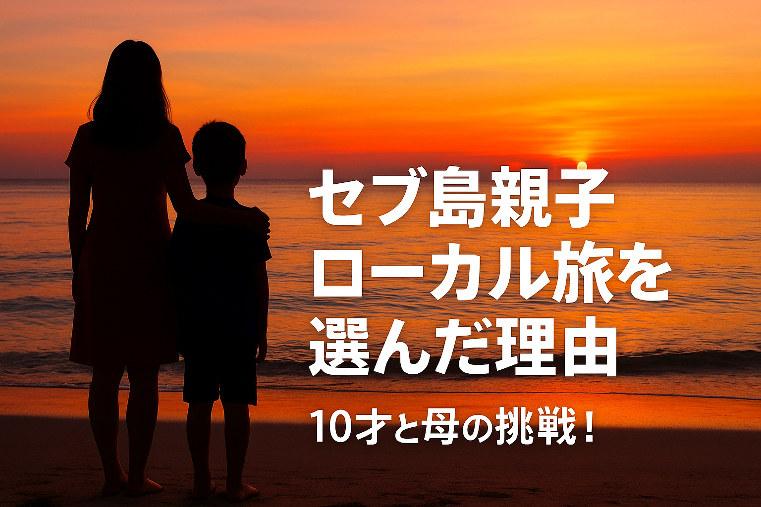 セブ島のビーチで夕日を眺める母子のシルエット